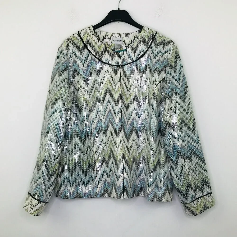 Chico's 2 Women's 12 Jacket Multicolor Seascape Ikats Meow Jewel Sequin NWT CN27